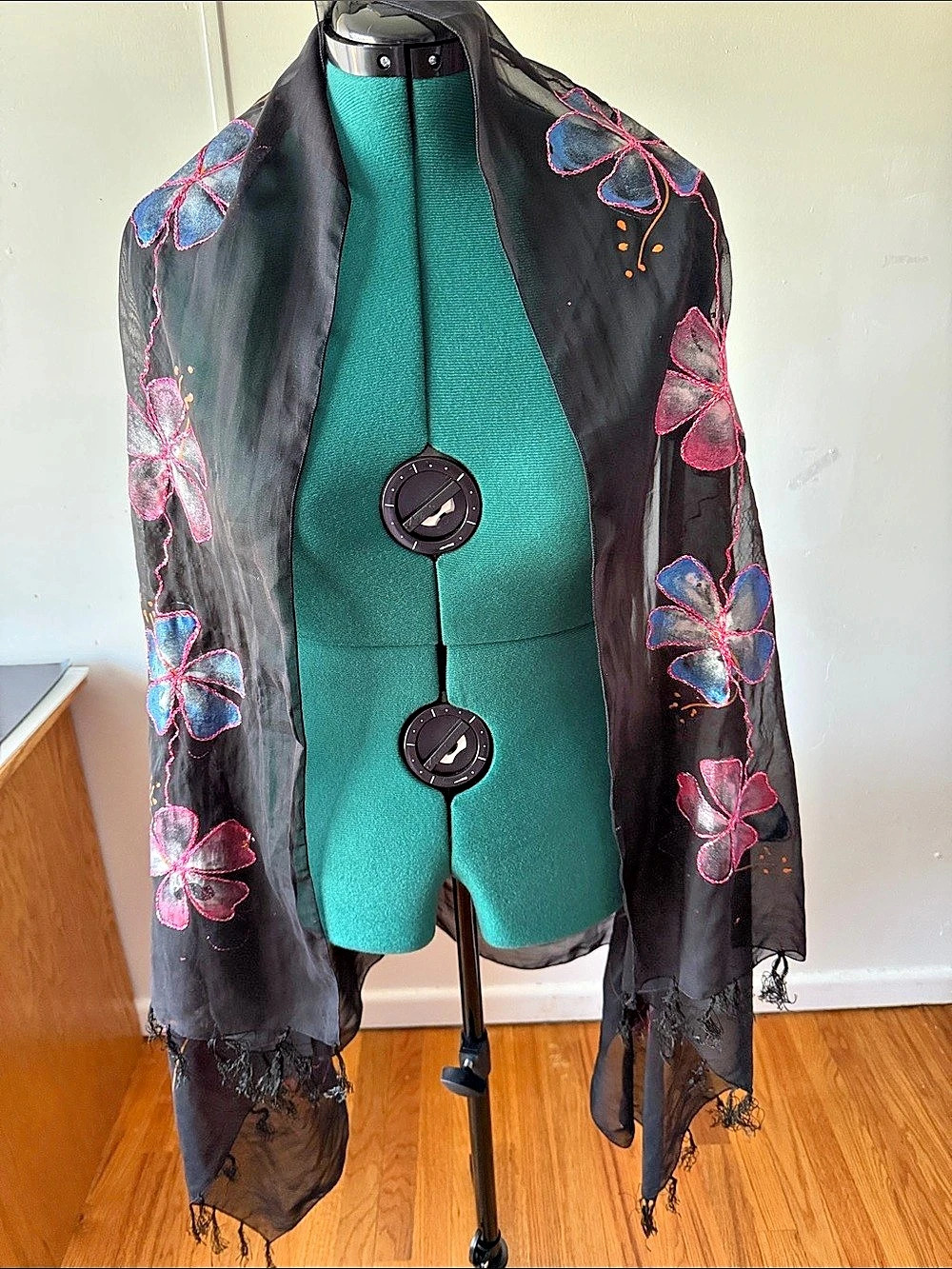 Hand Painted Organza Black & Pink Floral Embroidered Shawl